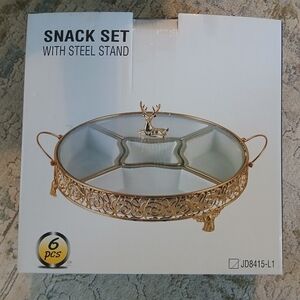 🥑NWT Luxury Gold, White Snack Set with Glass Lid| 6 Pcs| Deer Details |Ceramic